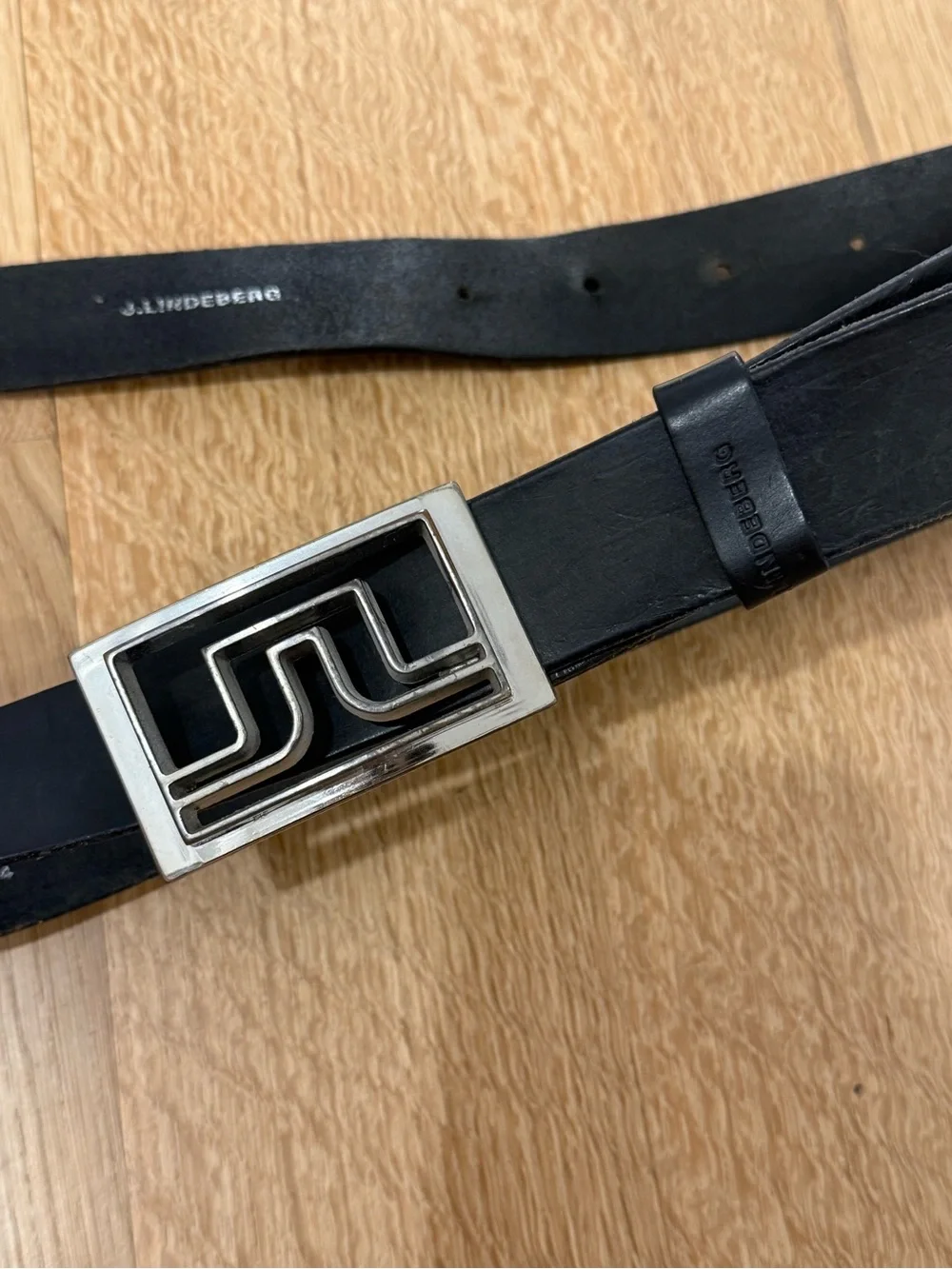 J.Lindeberg Men's Black Leather Belt with Brushed Silver Logo Buckle